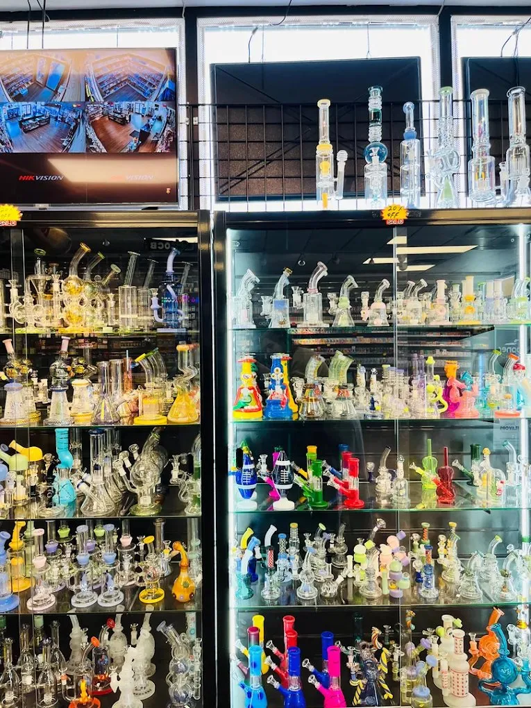 Glass pipes and hookah display at Morty Tobacco